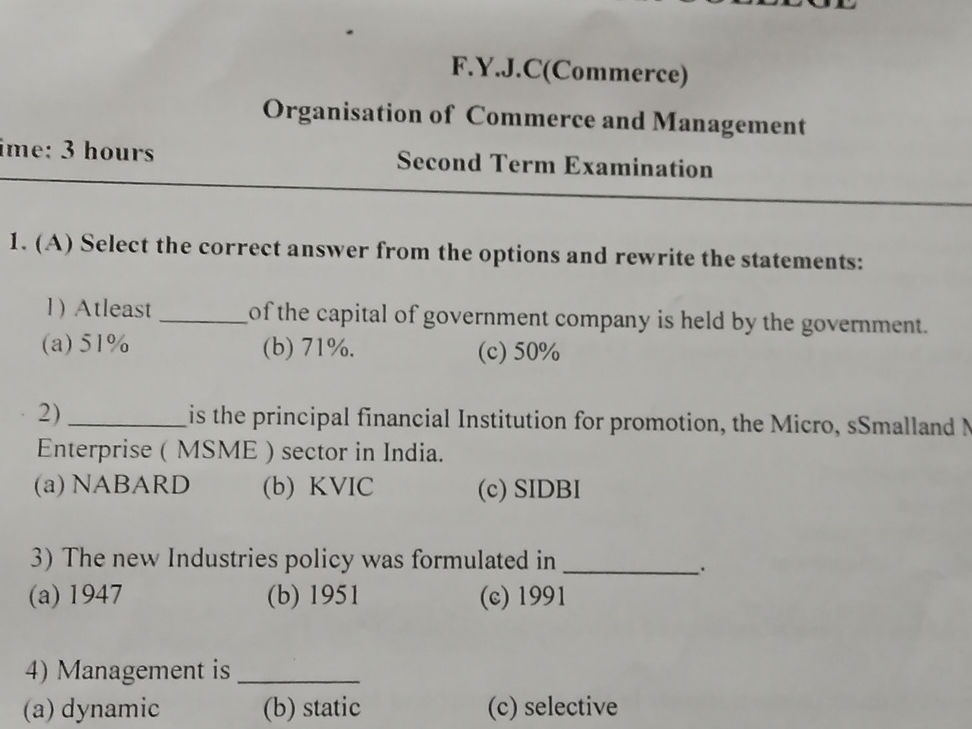 1. (A) Select the correct answer from the | StudyX