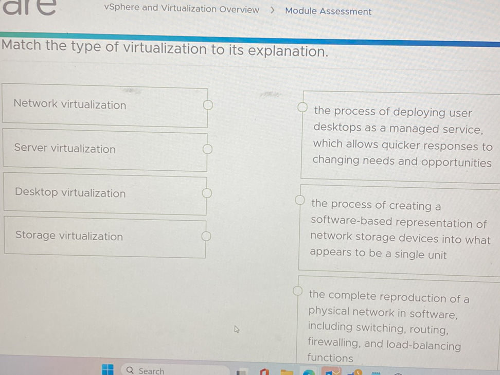 Match the type of virtualization to its | StudyX