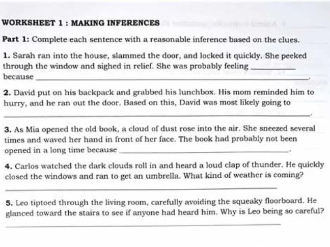 WORKSHEET 1: MAKING INFERENCES Part 1: | StudyX