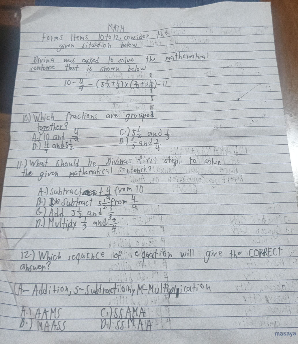 MATH Forms Items 10 to 12, consider the | StudyX
