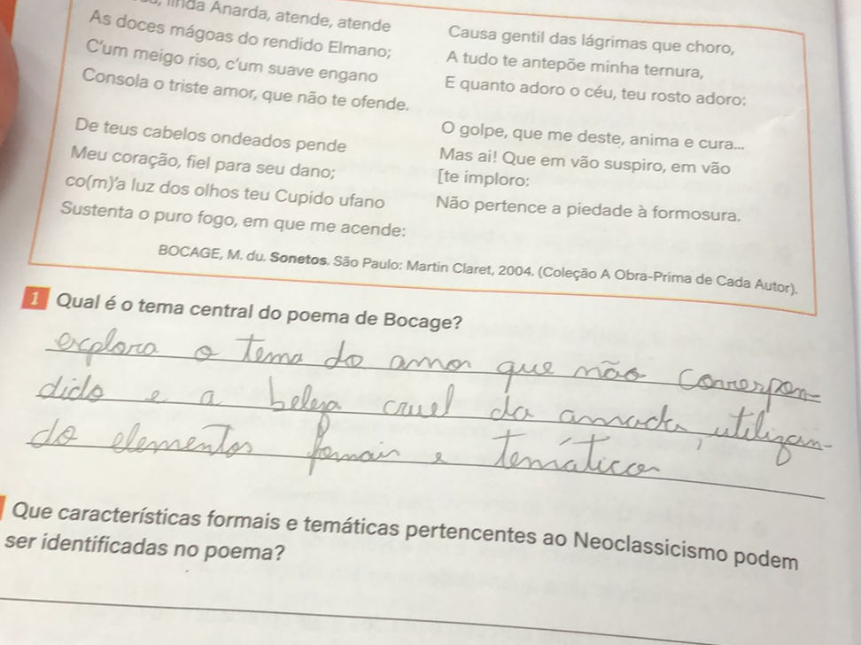 1 Qual é o tema central do poema de Bocage? | StudyX