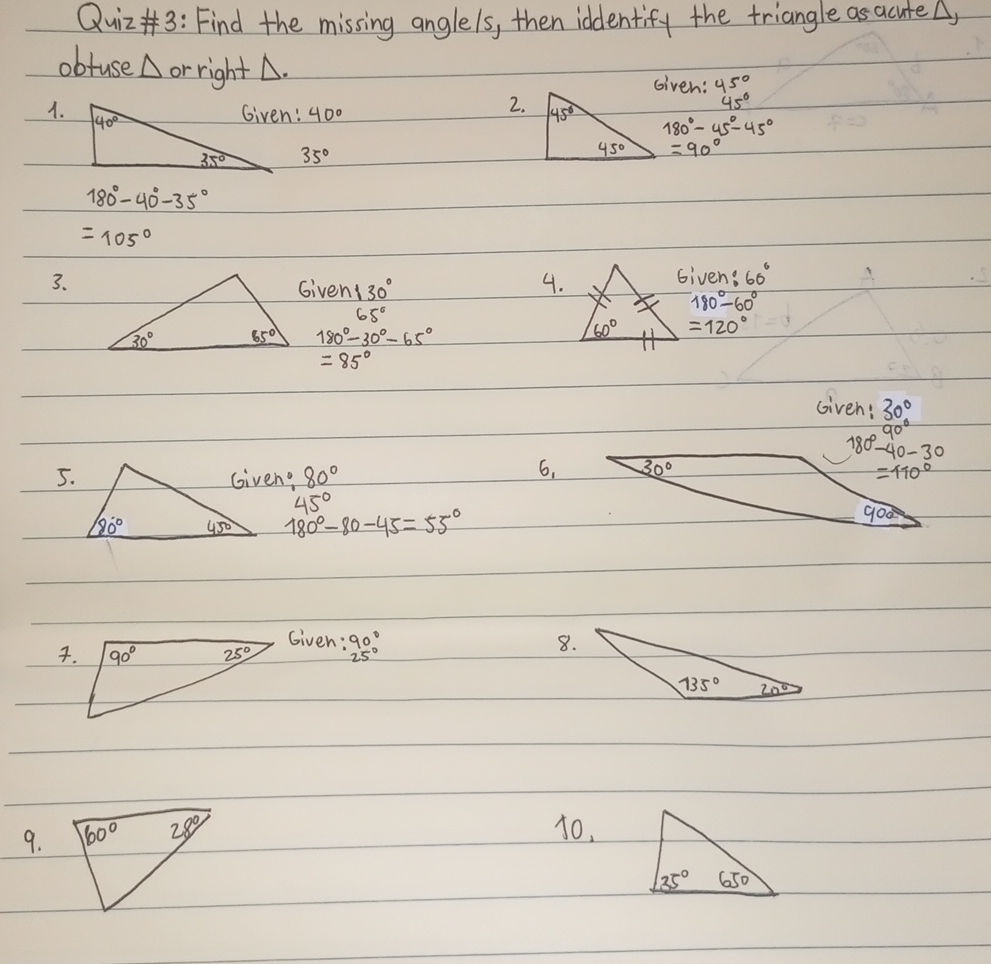 Quiz #3: Find the missing angle/s, then | StudyX