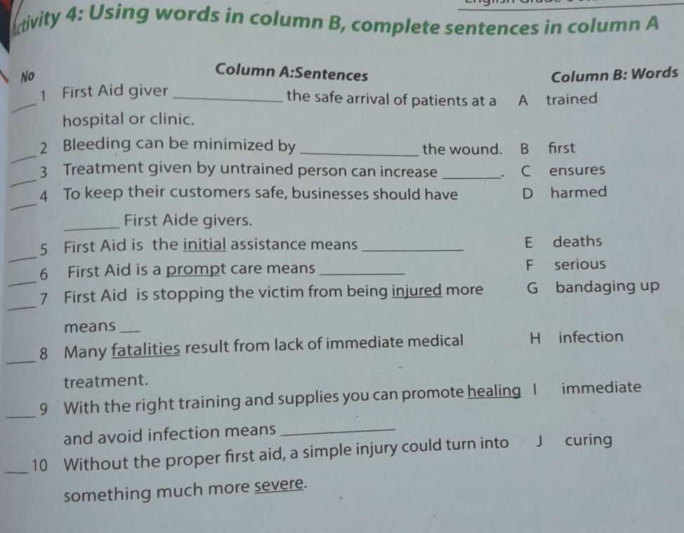 Column Sentence Activity 4: Using words in column B, | StudyX