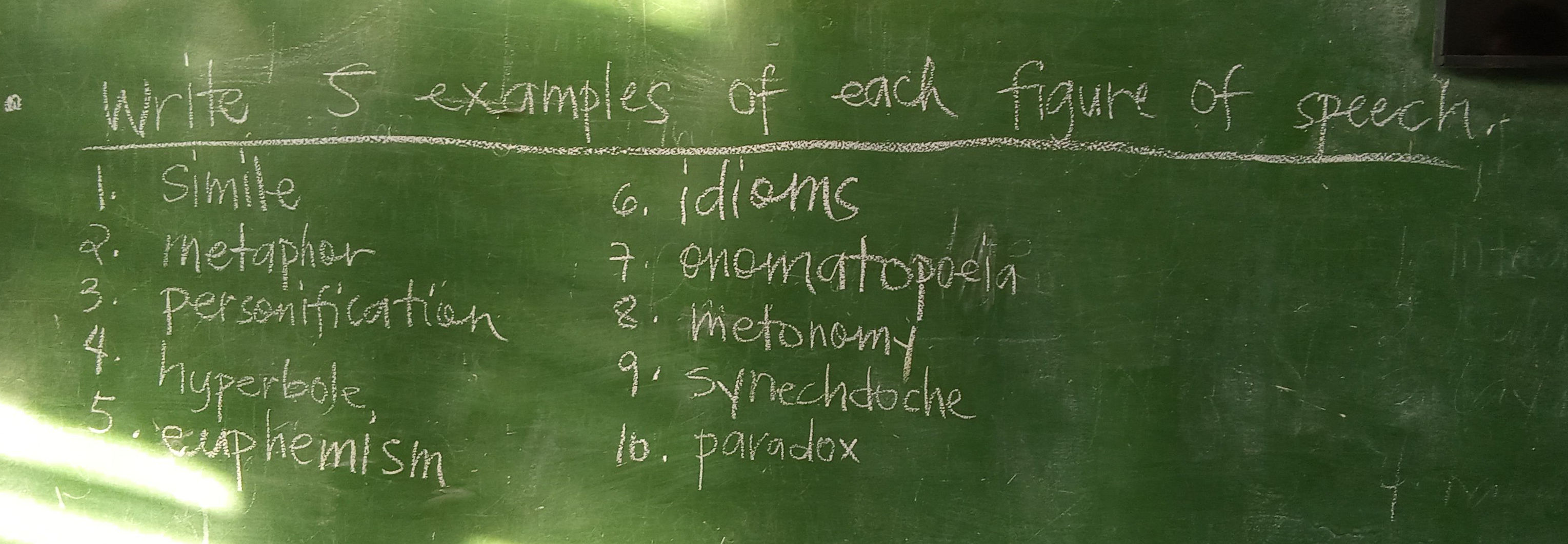 Write 5 examples of each figure of speech.