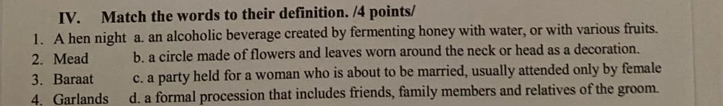 IV. Match the words to their definition. /4 | StudyX
