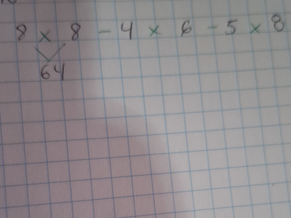 Order of operations: Solve 8 x 8 - 4 x 6 - 5 | StudyX