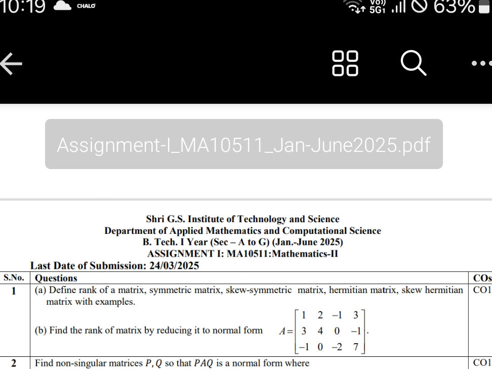 1. (a) Define rank of a matrix, symmetric | StudyX