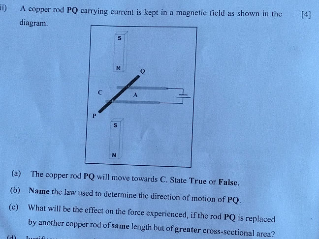 ii) A copper rod PQ carrying current is kept