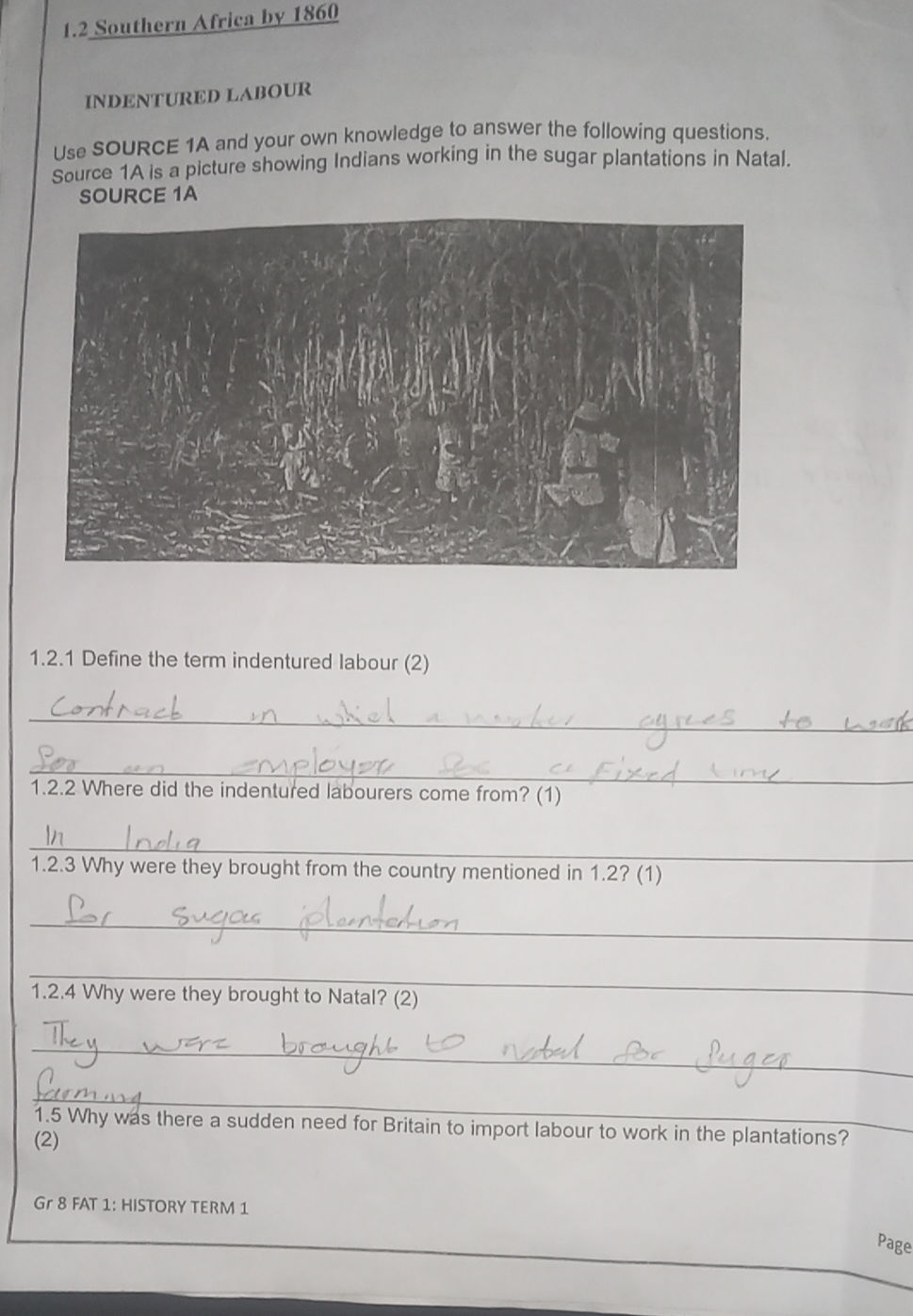 1.2.1 Define the term indentured labour (2) | StudyX