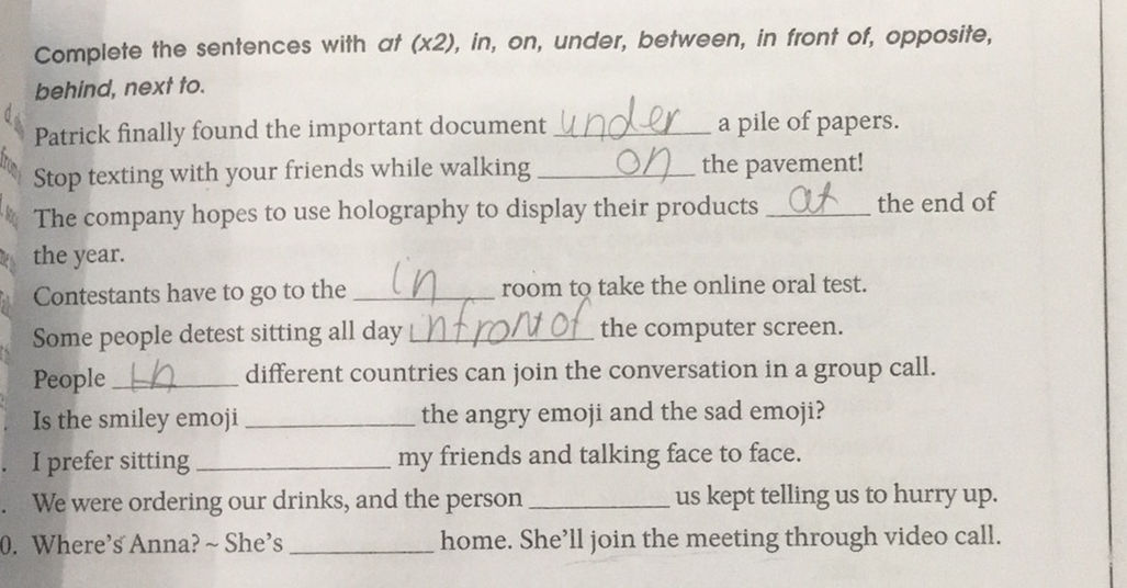 Complete the sentences with at (x2), in, on,
