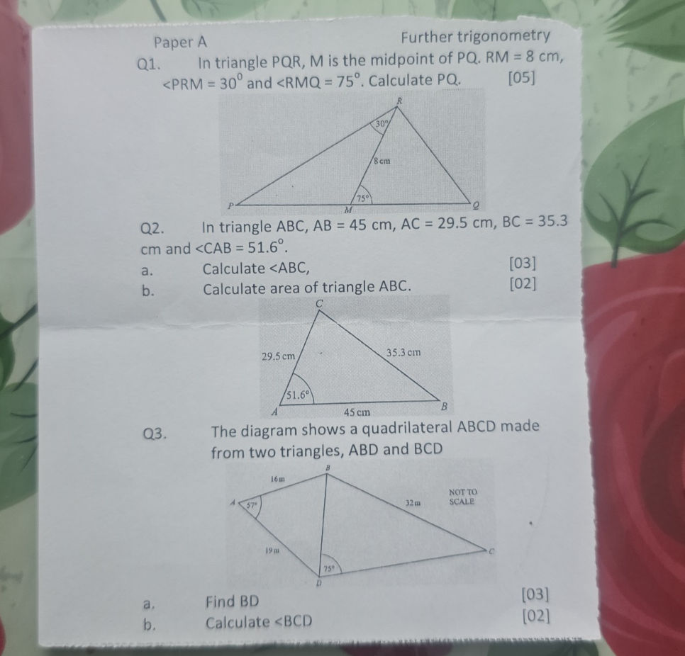 Q1. In triangle PQR, M is the midpoint of