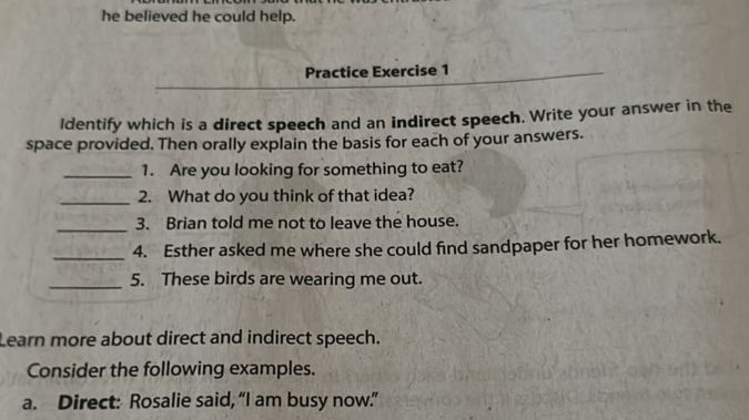 Write Answer Direct Identify which is a direct speech and an