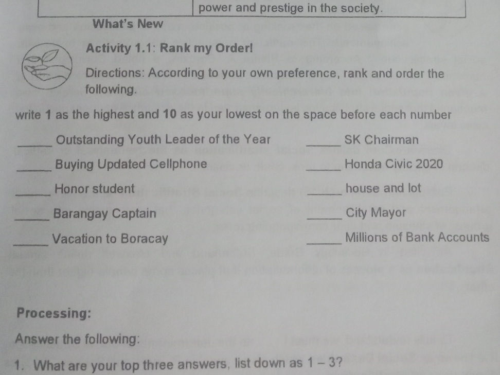 Rank Order Direction Questions Examples Activity 1.1: Rank my Order! Directions: | StudyX