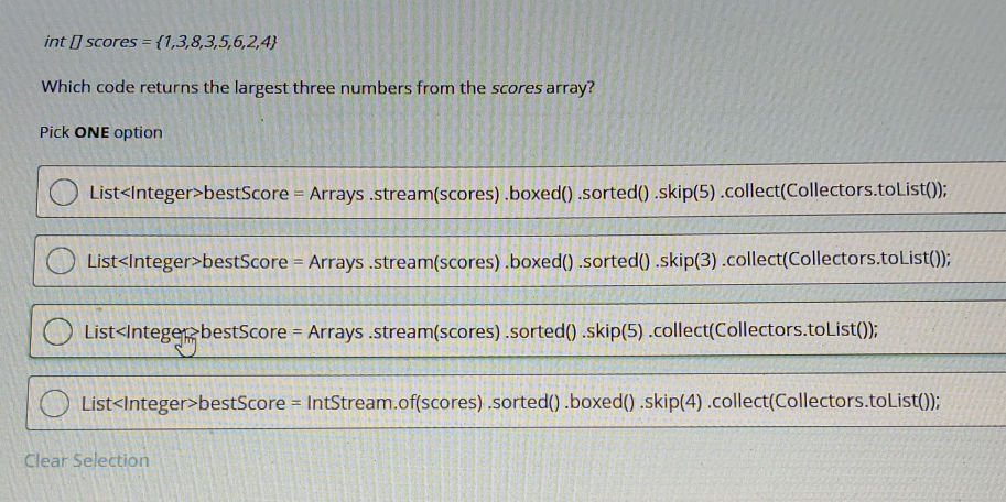 int scores = {1,3,8,3,5,6,2,4} ``` | StudyX