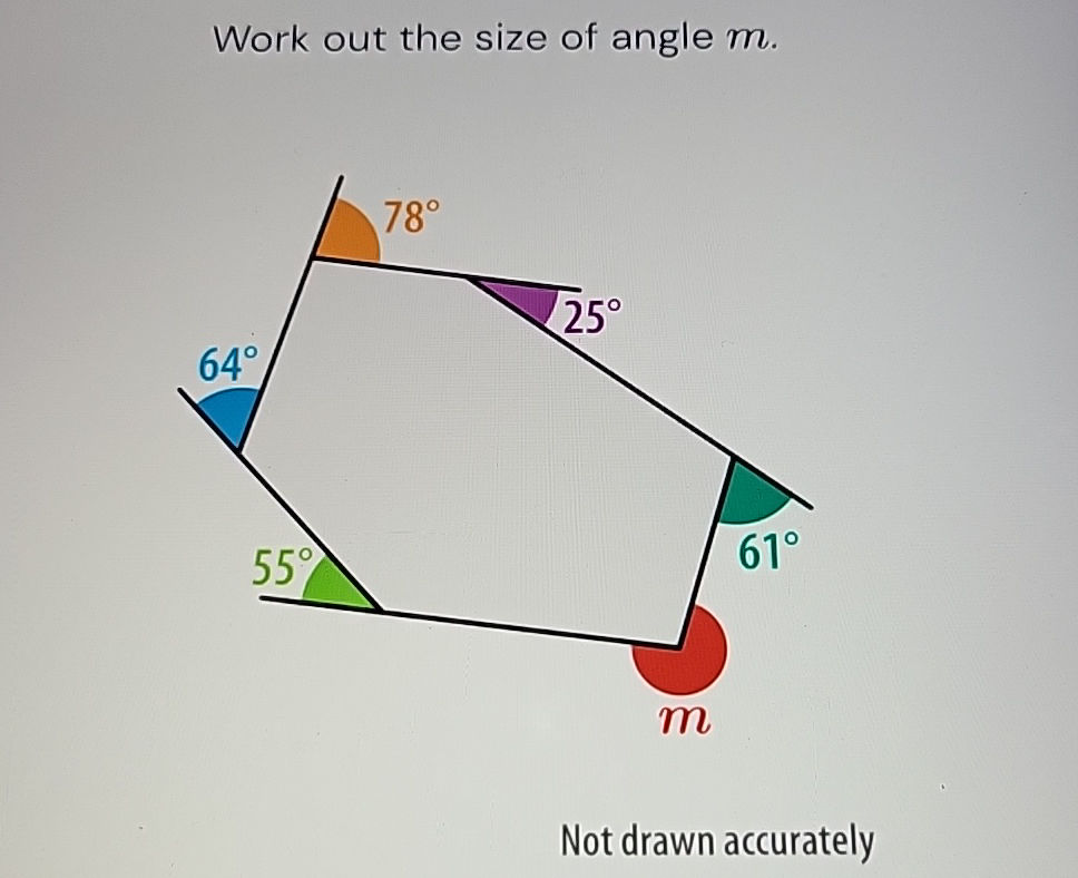Work out the size of angle m. Angles: 64°, | StudyX