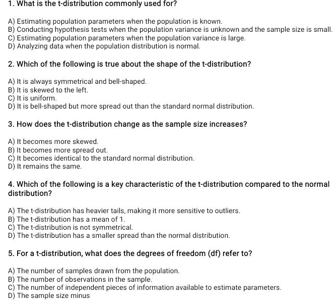 T Distribution Probability Questions 1. What is the t-distribution commonly used | StudyX