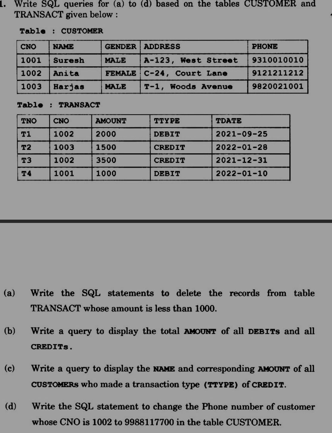 Write SQL queries for (a) to (d) based on