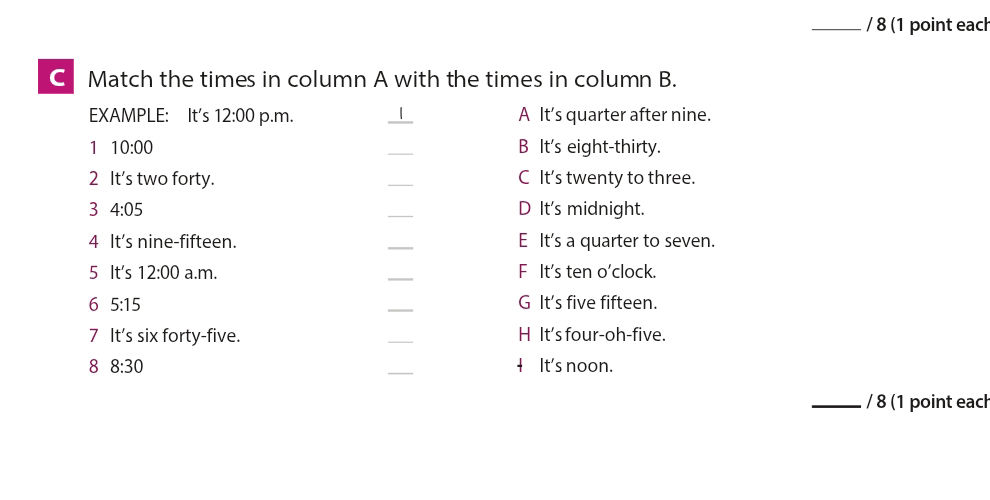 Match the times in column A with the times | StudyX