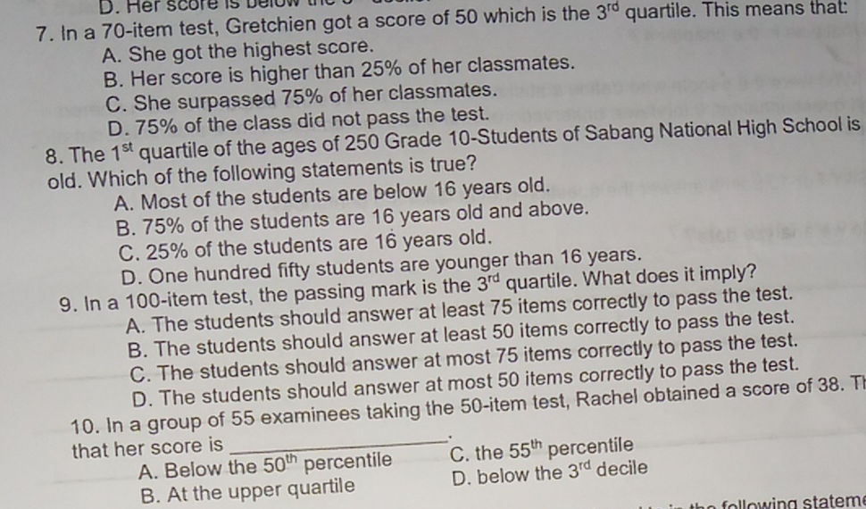 7. In a 70-item test, Gretchien got a score | StudyX