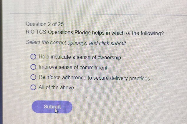 Question 2 of 25 RiO TCS Operations Pledge | StudyX