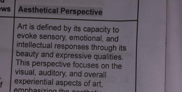 Atistic Vision Example ws Aesthetical Perspective Art is defined by | StudyX
