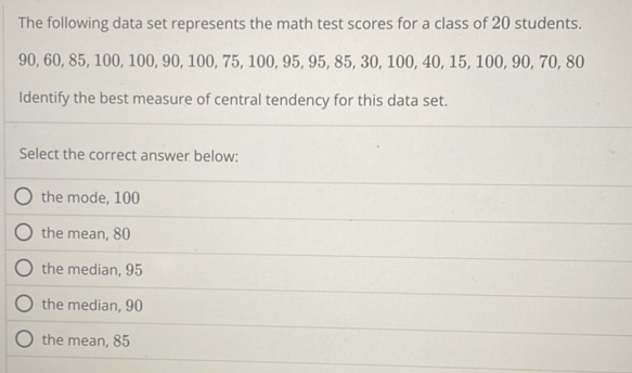 The following data set represents the math