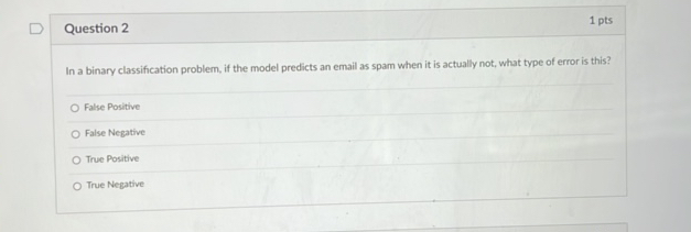 Question 2 1 pts In a binary classification | StudyX