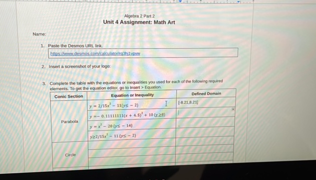 Algebra 2 Part 2 Unit 4 Assignment Math Art | StudyX