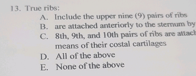 13 True ribs A Include the upper nine (9) | StudyX
