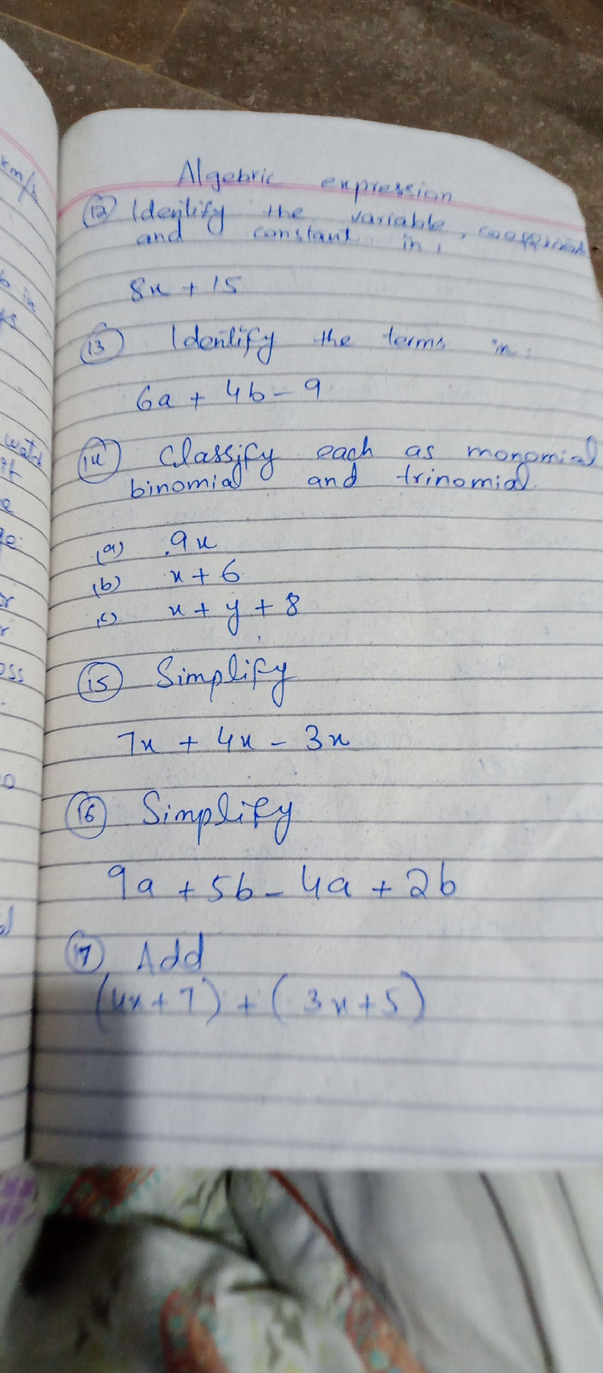 Add Algebraic Expressions (4x+7) + (3x+5)