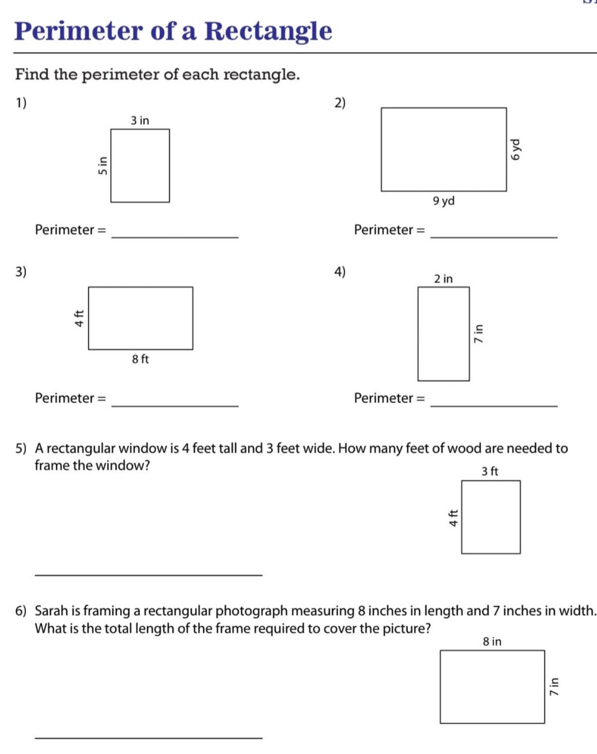 Find the perimeter of each rectangle. 1) 5
