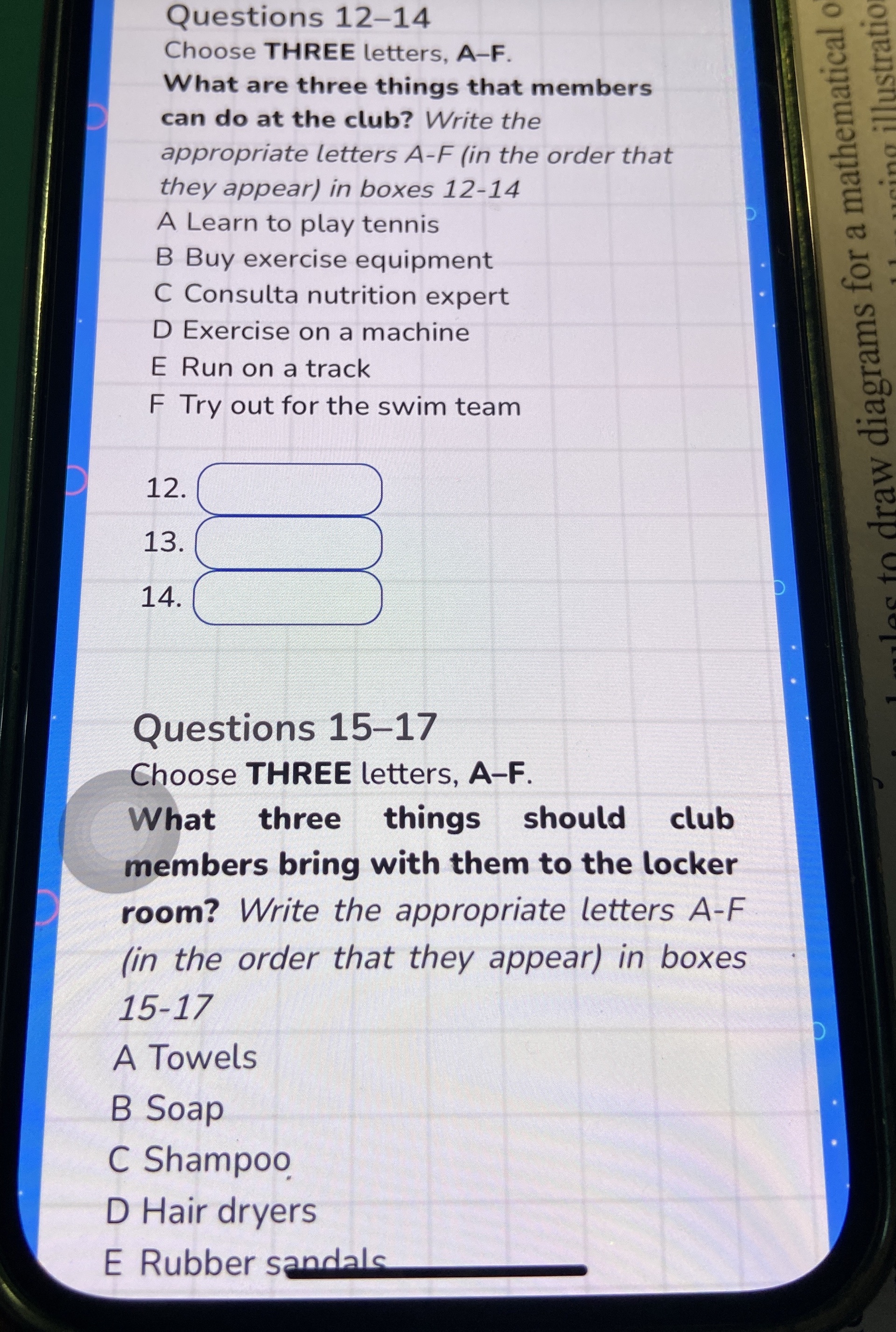 Choose Three Questions 12-14 Choose THREE letters, A-F.