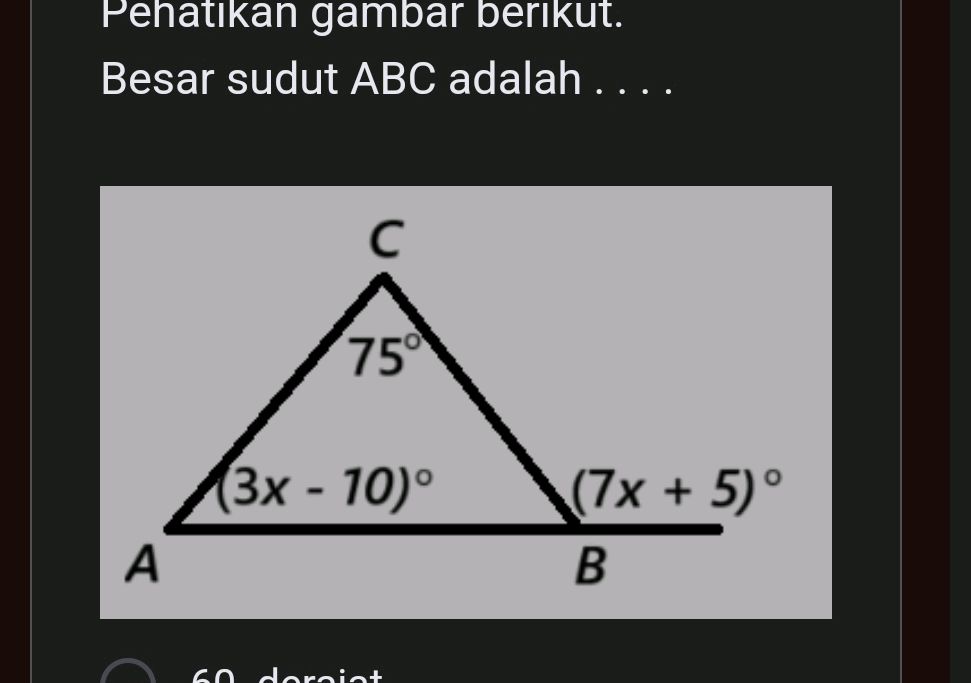 Perhatikan gambar berikut. Besar sudut ABC | StudyX