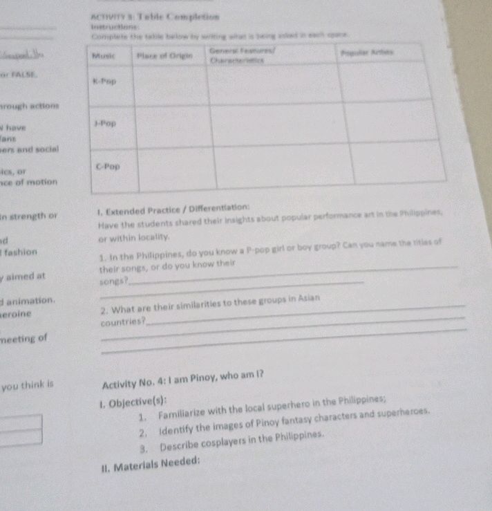 ACTIVITY 3: Table Completion Instructions: | StudyX