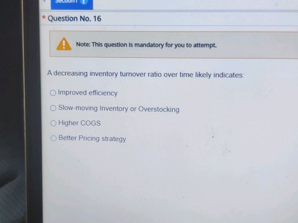 A decreasing inventory turnover ratio over | StudyX