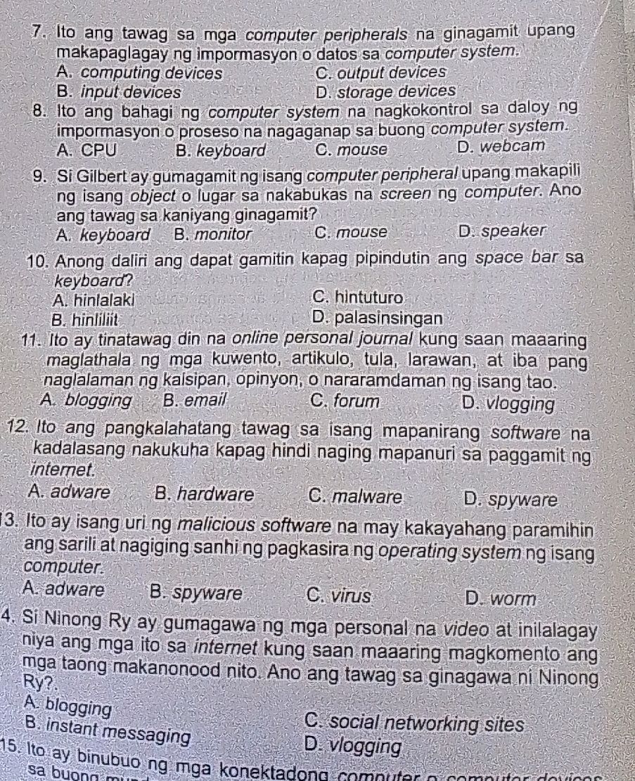 7. Ito ang tawag sa mga computer peripherals | StudyX