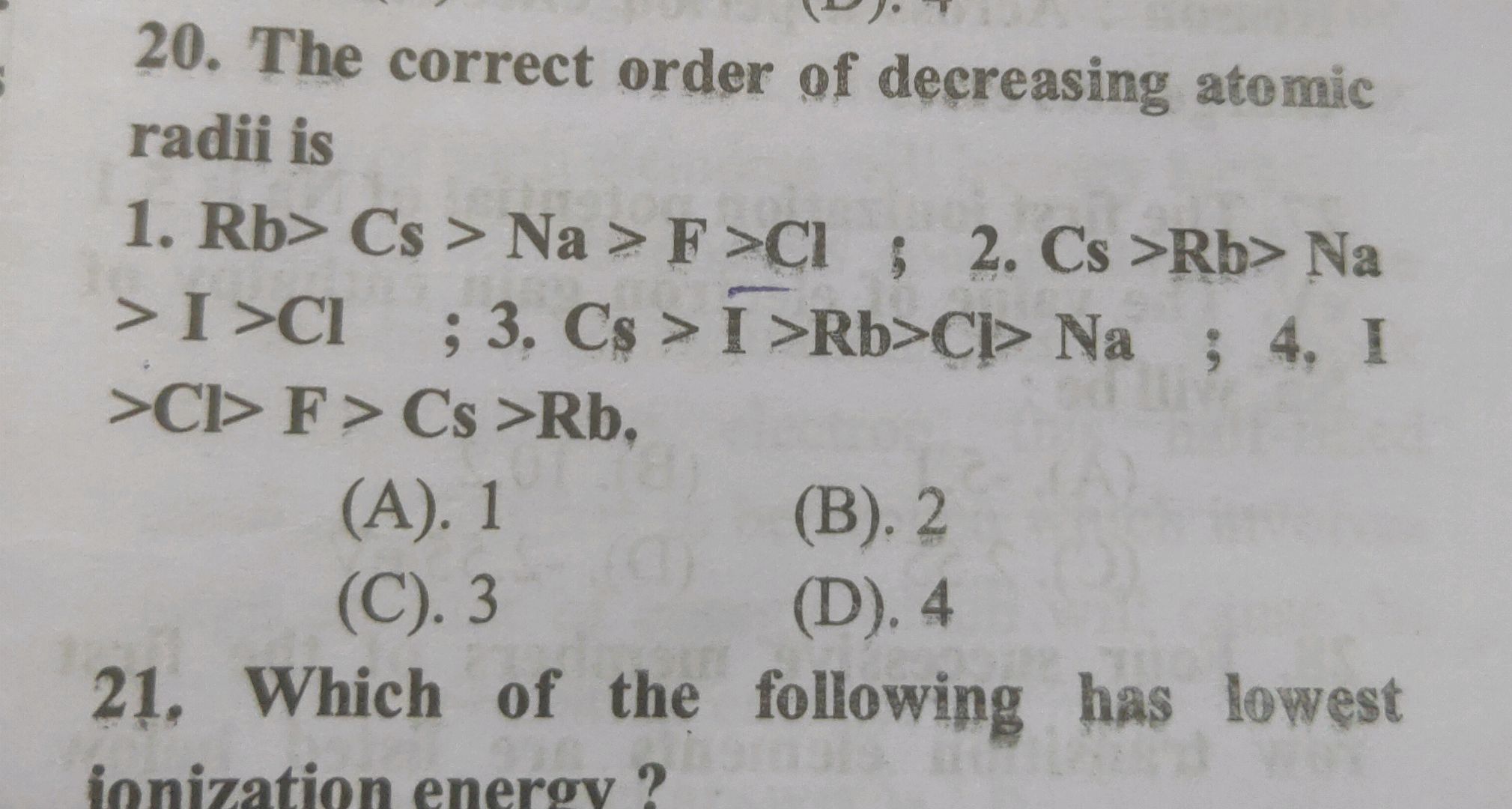 The correct order of decreasing atomic radii