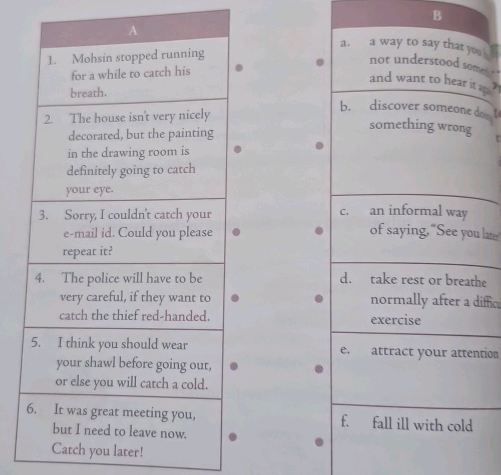 Column In A Sentence Match the sentences in column A with their