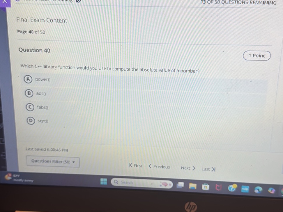 Question 40 Which C++ library function would | StudyX