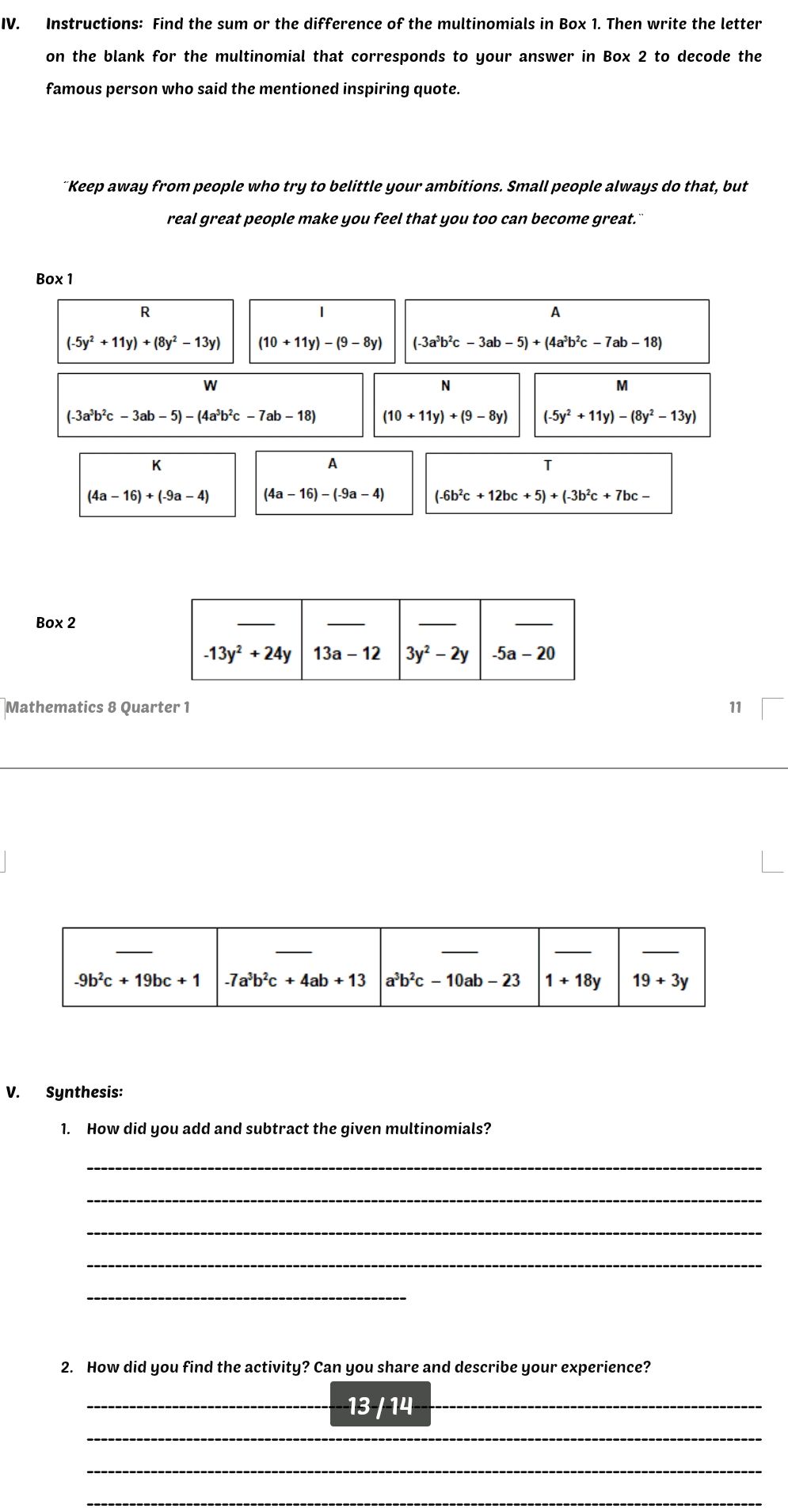 IV. Instructions: Find the sum or the | StudyX