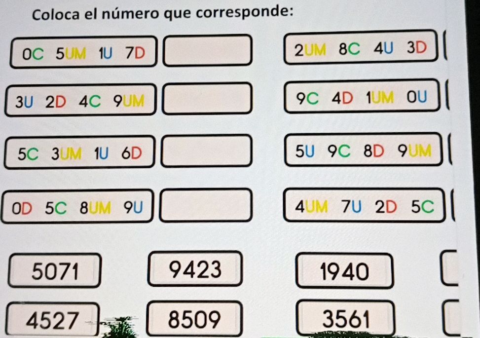 Coloca el número que corresponde: OC 5UM 1U | StudyX