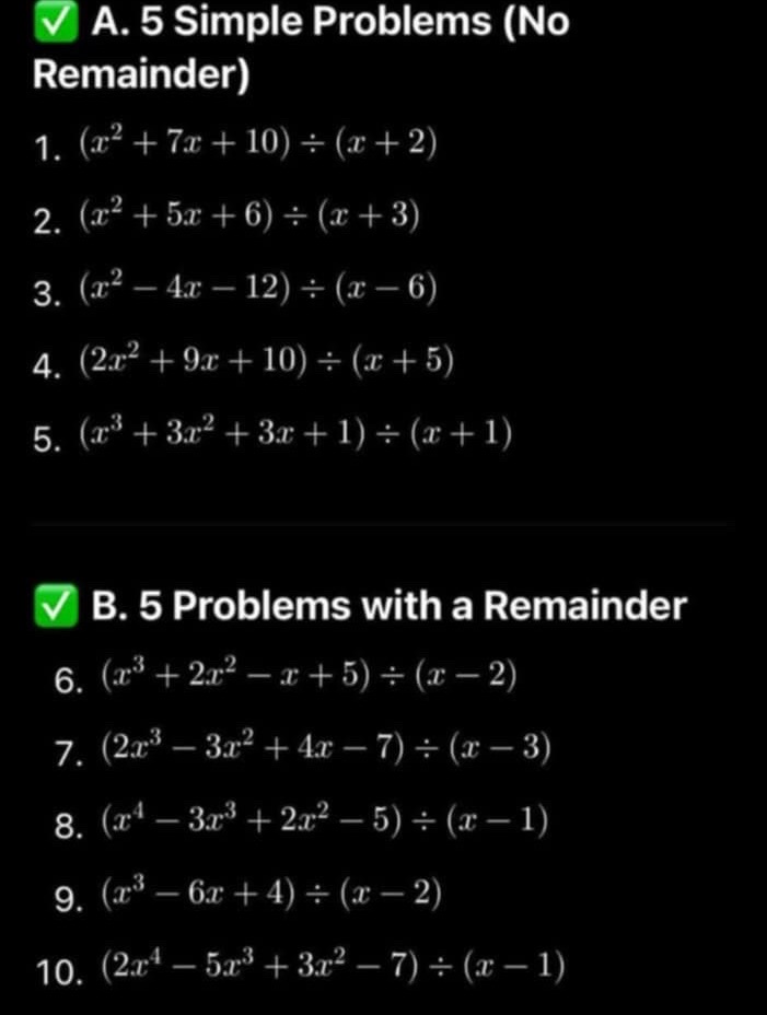 Math Remainer Problems A. 5 Simple Problems (No Remainder) 1. $(x^2