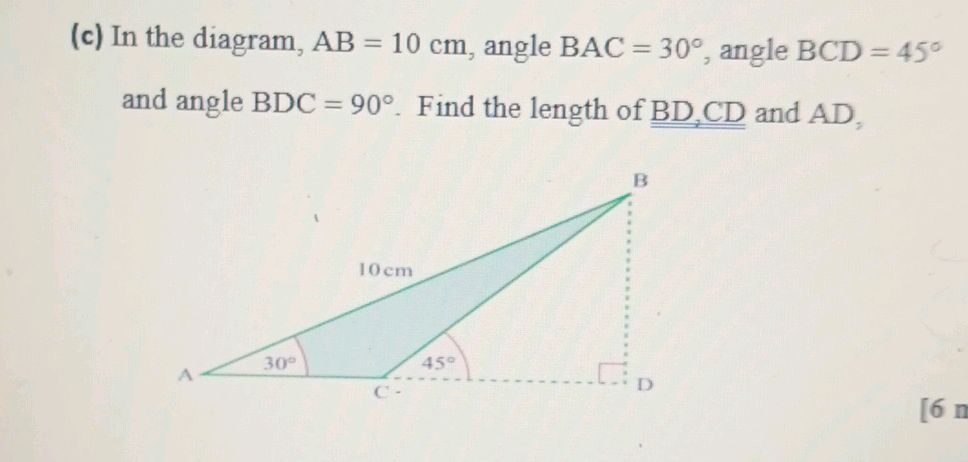 (c) In the diagram, AB = 10 cm, angle BAC = | StudyX