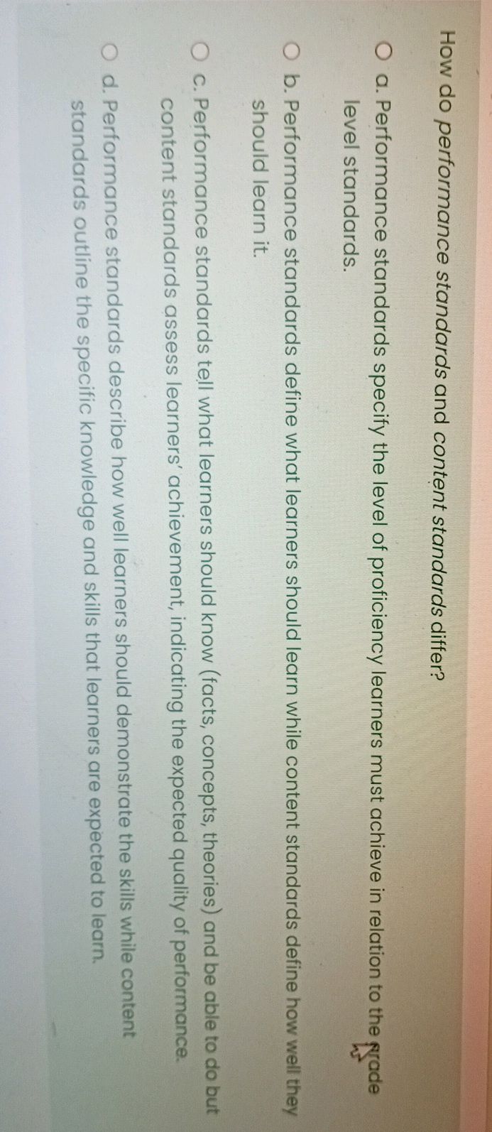 How do performance standards and content | StudyX