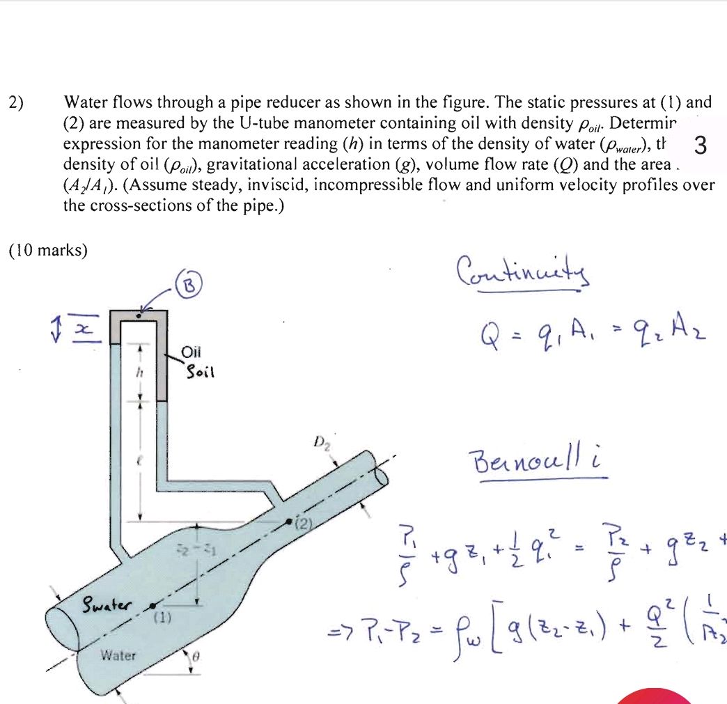 2) Water flows through a pipe reducer as
