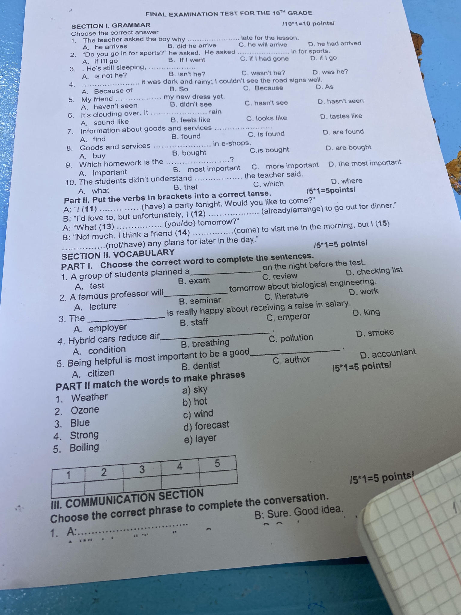 SECTION I. GRAMMAR Choose the correct answer | StudyX