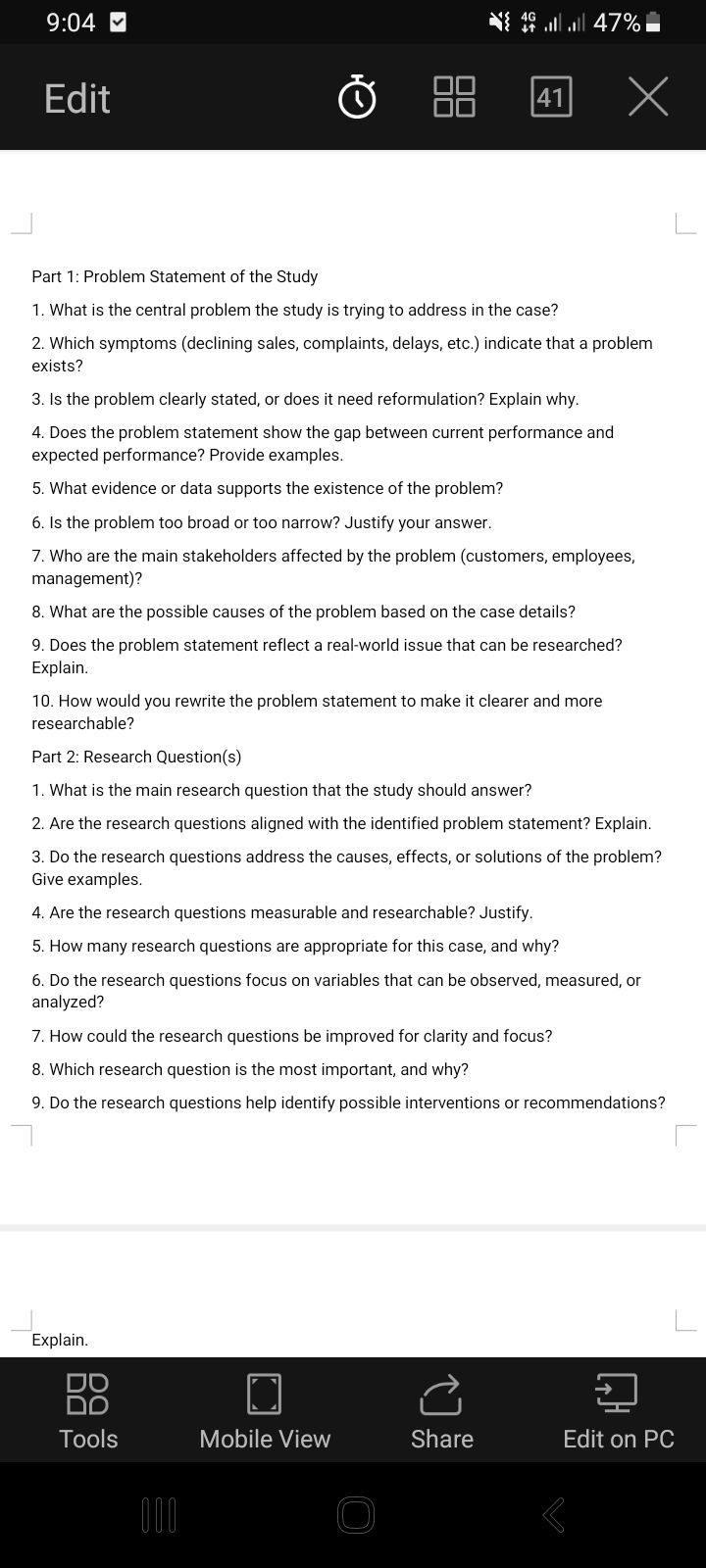 Part 1: Problem Statement of the Study 1. | StudyX