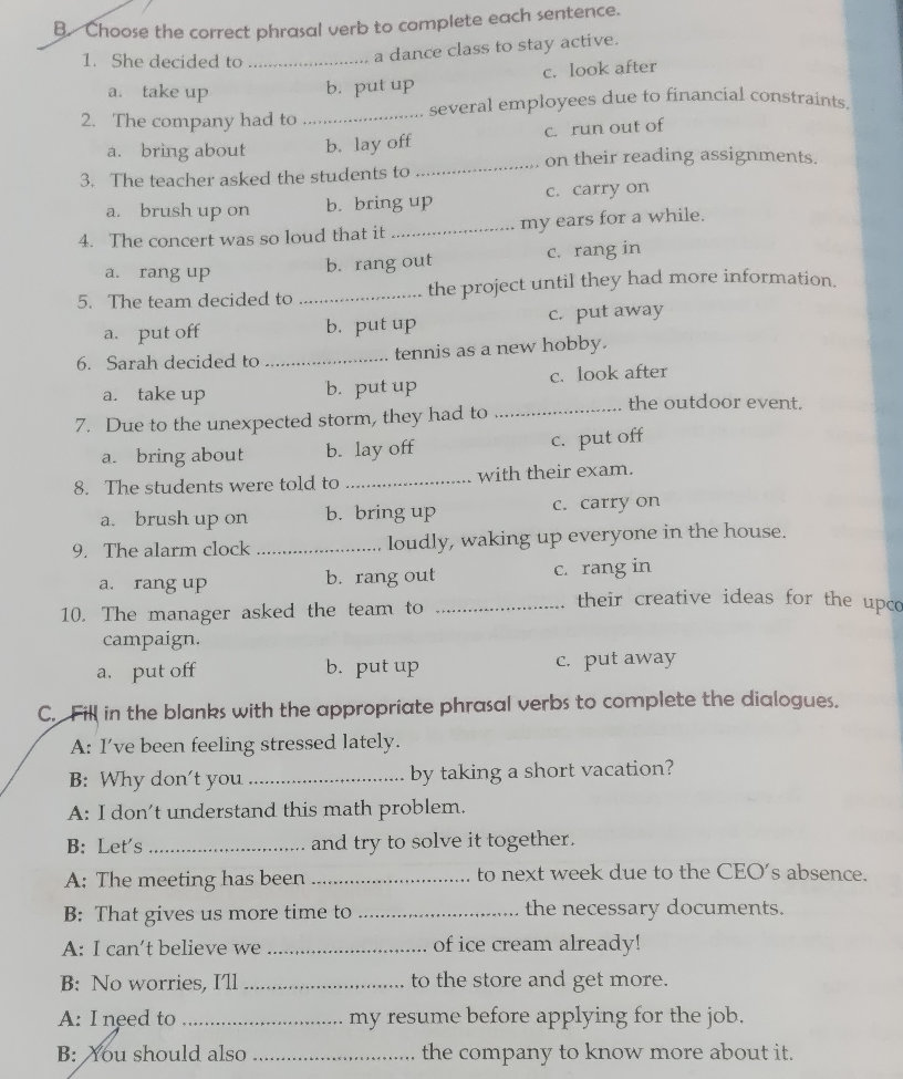 Choose the correct phrasal verb to complete | StudyX