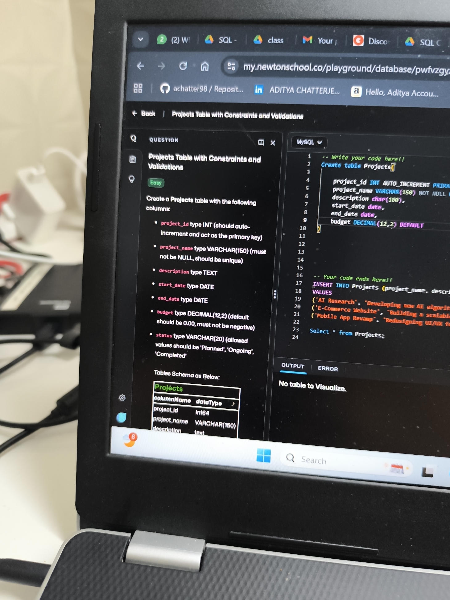 Source Table Personal Project Example Projects Table with Constraints and | StudyX