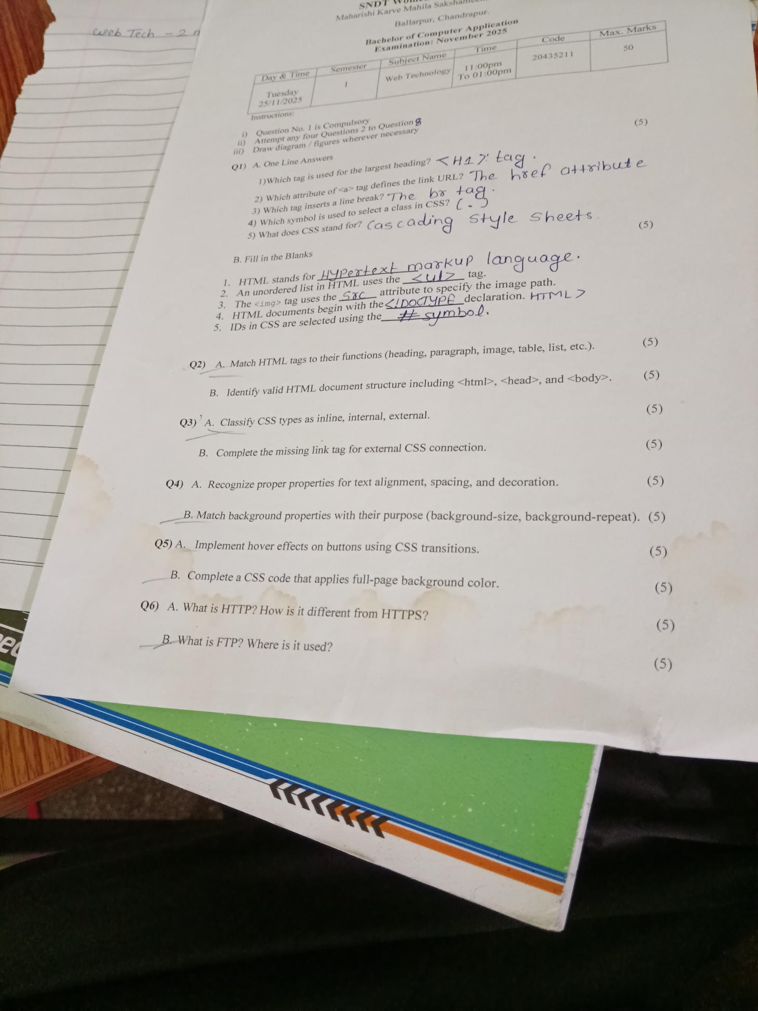A. One Line Answers 1) Which tag is used | StudyX